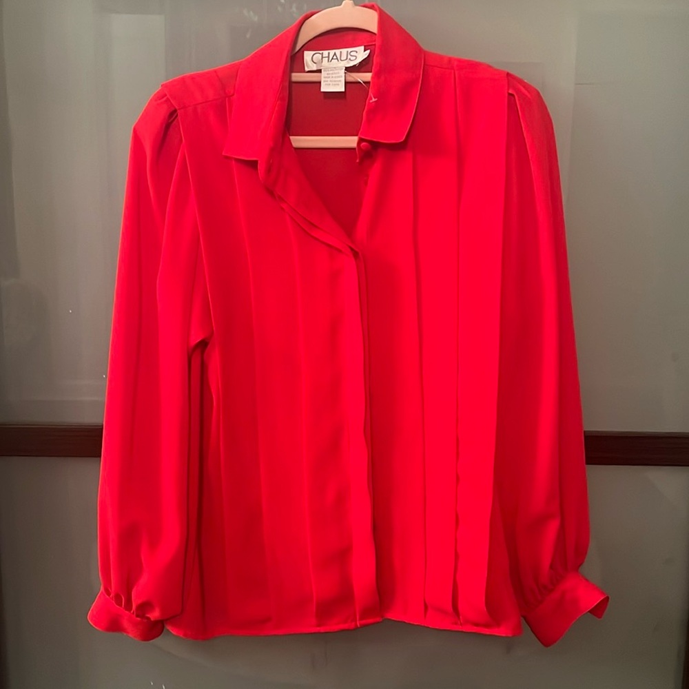 Pleated Vintage Red Chaus Blouse in Excellent Condition